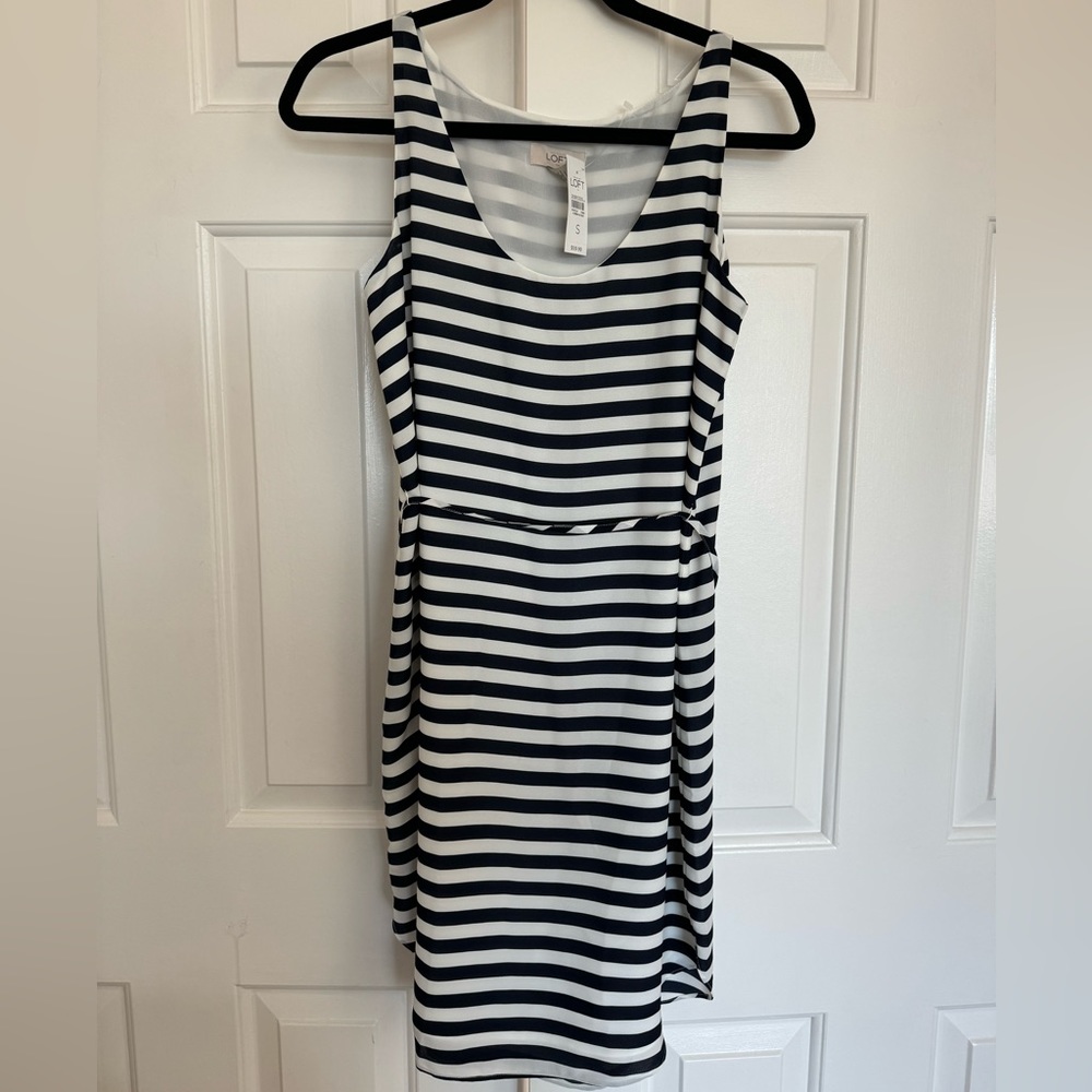 LOFT navy and white striped dress with tie around waist (new with tags)